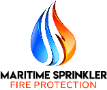 A fire and water logo with the words " maritime sprinkle fire protection ".