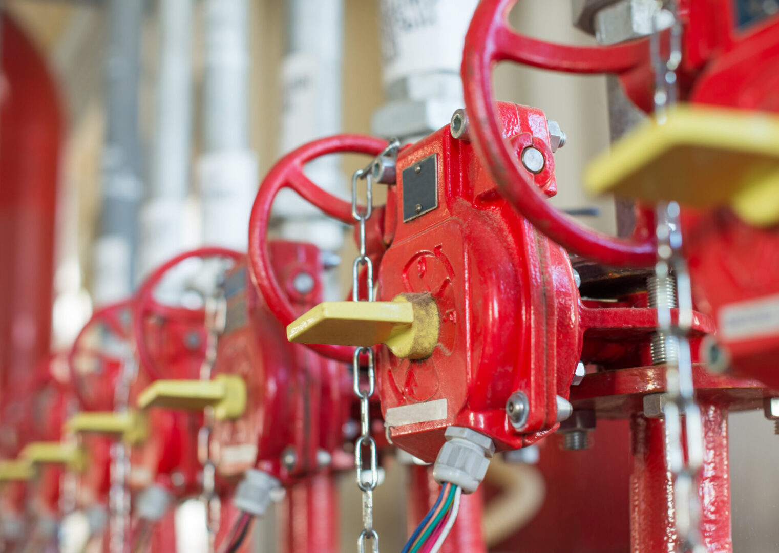 A row of red valves hanging from chains.